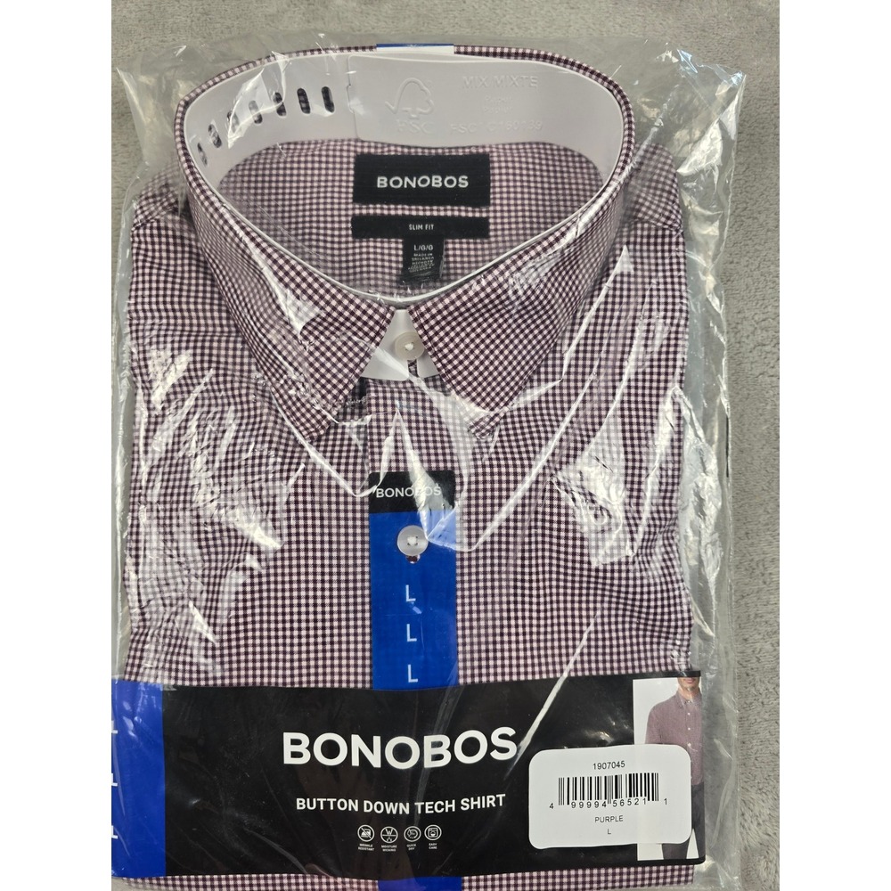 Bonobos Button Down Tech Shirt Mens Large Purple Slim Fit Gingham Check